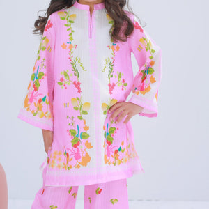 Blush Pink girls' kurta set by Zardham, side profile showing dupatta drape and trouser length
