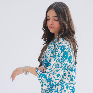 Detail of blue thread embroidery on the Blue Whisper kurta bodice, Zardham girls' wear
