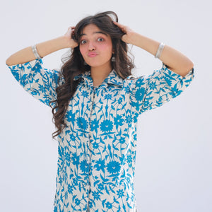 Girl wearing Zardham Blue Whisper embroidered kurta and trouser set, full front view