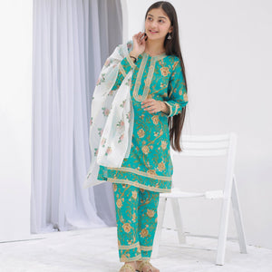 Girl wearing Zardham Ferozi Mist turquoise embroidered kurta set, full front view