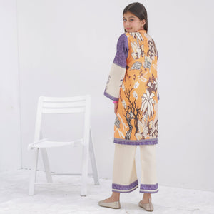 Soft Orange girls' ethnic set by Zardham, side view showing sleeve and hem embroidery