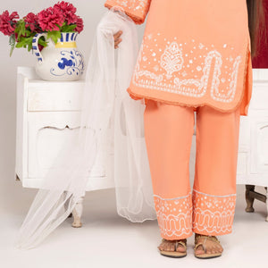 Close view of coral thread embroidery on the Blush Coral kurta bodice, Zardham girls' wear