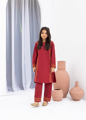 Girl wearing Zardham Maroon Royale embroidered kurta with matching trousers, full front view