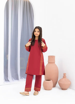 Maroon Royale girls' embroidered set by Zardham, side profile view