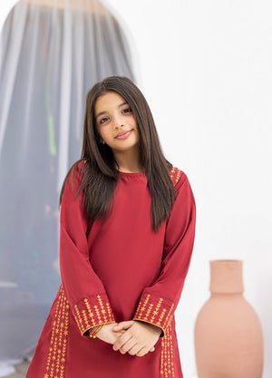 Detail of the Maroon Royale kurta sleeve and hem embroidery, Zardham girls' wear