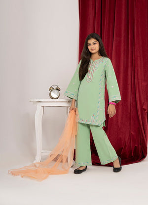 Girl wearing Zardham Pista Green embroidered kurta with matching trousers, full front view