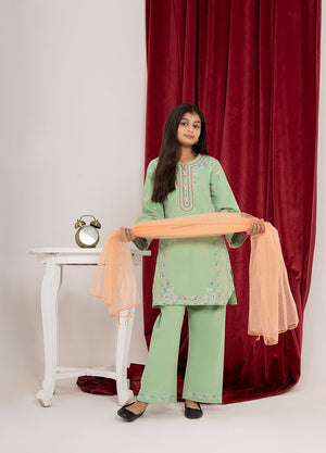 Pista Green girls' embroidered set by Zardham, side profile view