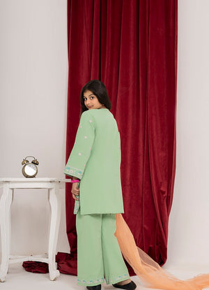 Zardham Pista Green kurta set with dupatta drape, standing pose