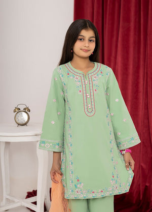 Close view of pista green thread embroidery on the kurta bodice, Zardham girls' wear