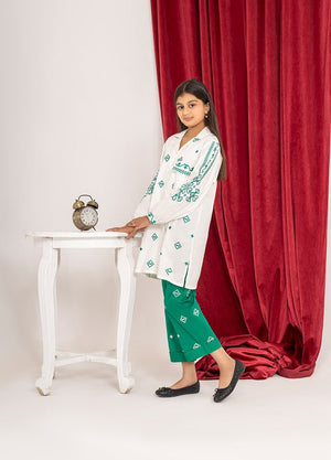 Fresh Ivory & Green girls' formal set by Zardham, side profile view