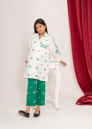 Fresh Ivory & Green formal ethnic set by Zardham, three-quarter angle