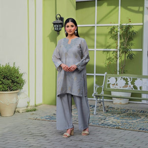 Zardham Selin embroidered jacquard set in soft grey, two-piece stitched outfit for women