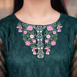 Zardham – Trendy Clothing for Girls & Women bottle green net shirt with pink floral embroidery and scalloped neckline
