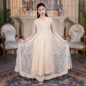 Zardham – Trendy Clothing for Girls & Women ivory net maxi dress with floral embroidery and scalloped lace hem.