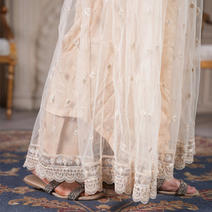 Zardham – Trendy Clothing for Girls & Women ivory net maxi with floral embroidery and scalloped lace hem over raw silk