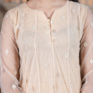 Zardham – Trendy Clothing for Girls & Women ivory net maxi with delicate floral embroidery over a raw silk base.