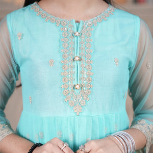 Zardham – Trendy Clothing for Girls & Women mint net frock with gold floral embroidery and pearl button details.