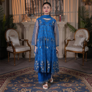 Zardham – Trendy Clothing for Girls & Women royal blue net Anarkali frock with gold and silver floral embroidery.