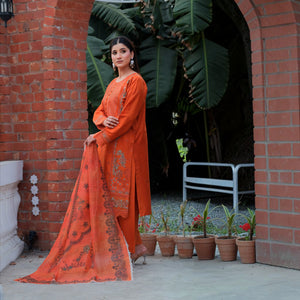 Zenoria - Zardham – Trendy Clothing for Girls & WomenWomen's ClothingZardham – Trendy Clothing for Girls & Women orange three-piece suit with sequin embroidery and printed chiffon dupatta