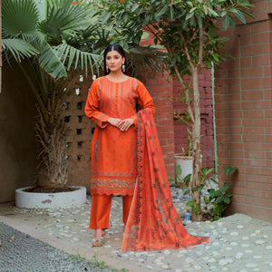 Zenoria - Zardham – Trendy Clothing for Girls & WomenWomen's ClothingZardham – Trendy Clothing for Girls & Women orange three-piece suit with sequin embroidery and printed chiffon dupatta