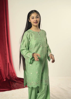 Zardham Sage Green Tilla set with dupatta drape, standing pose