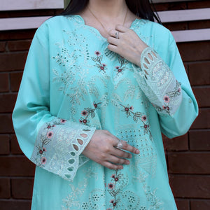 Zariya - Zardham – Trendy Clothing for Girls & WomenWomen's ClothingZardham – Trendy Clothing for Girls & Women Zariya turquoise cotton shirt with sequin embroidery and cutwork sleeves