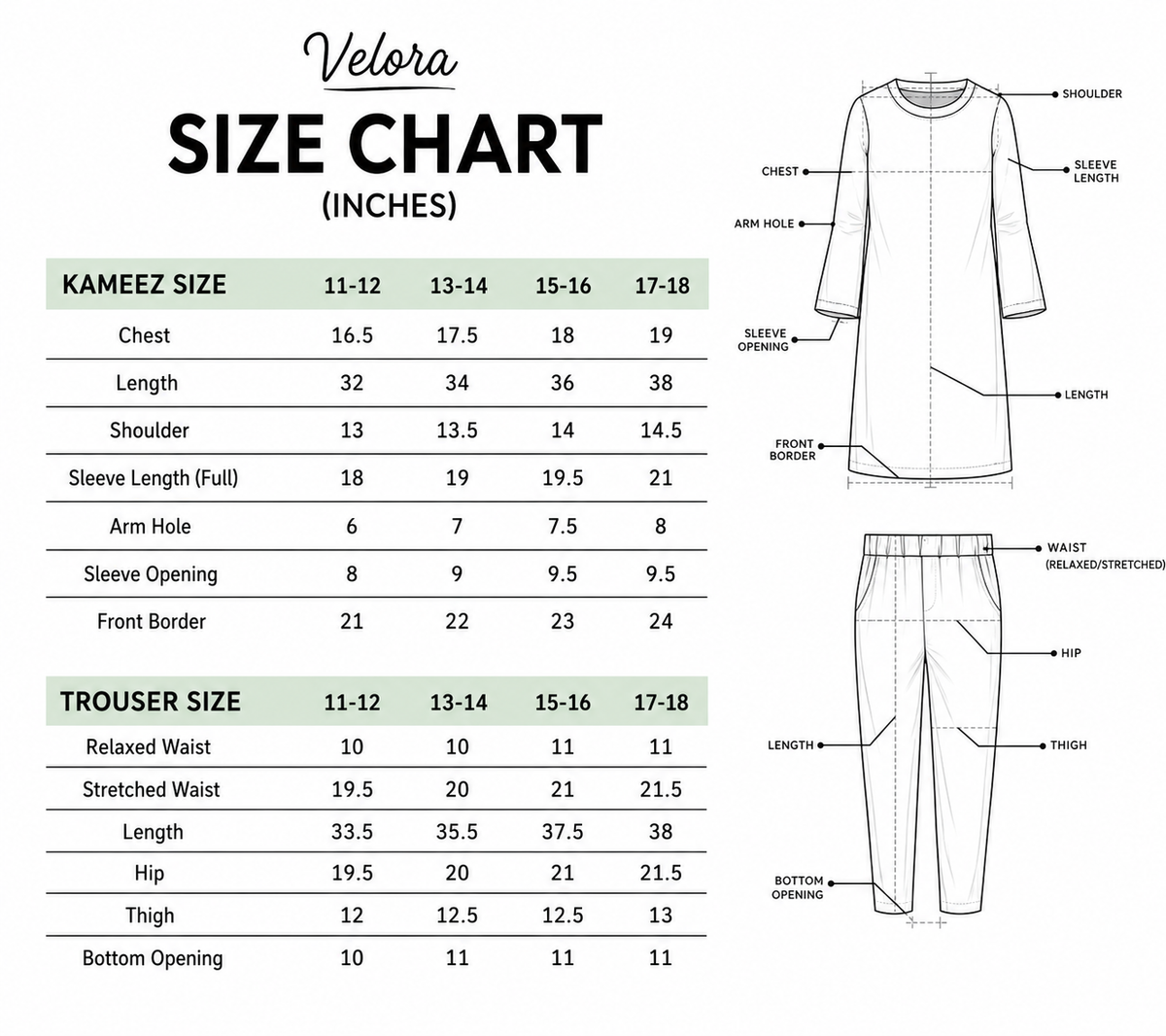 Size Chart for Velora