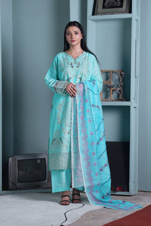 A woman stands indoors wearing a light turquoise traditional outfit with matching pants and a long patterned dupatta. The room has pale blue walls, built-in shelving, a small vintage television, and a rug on the floor.