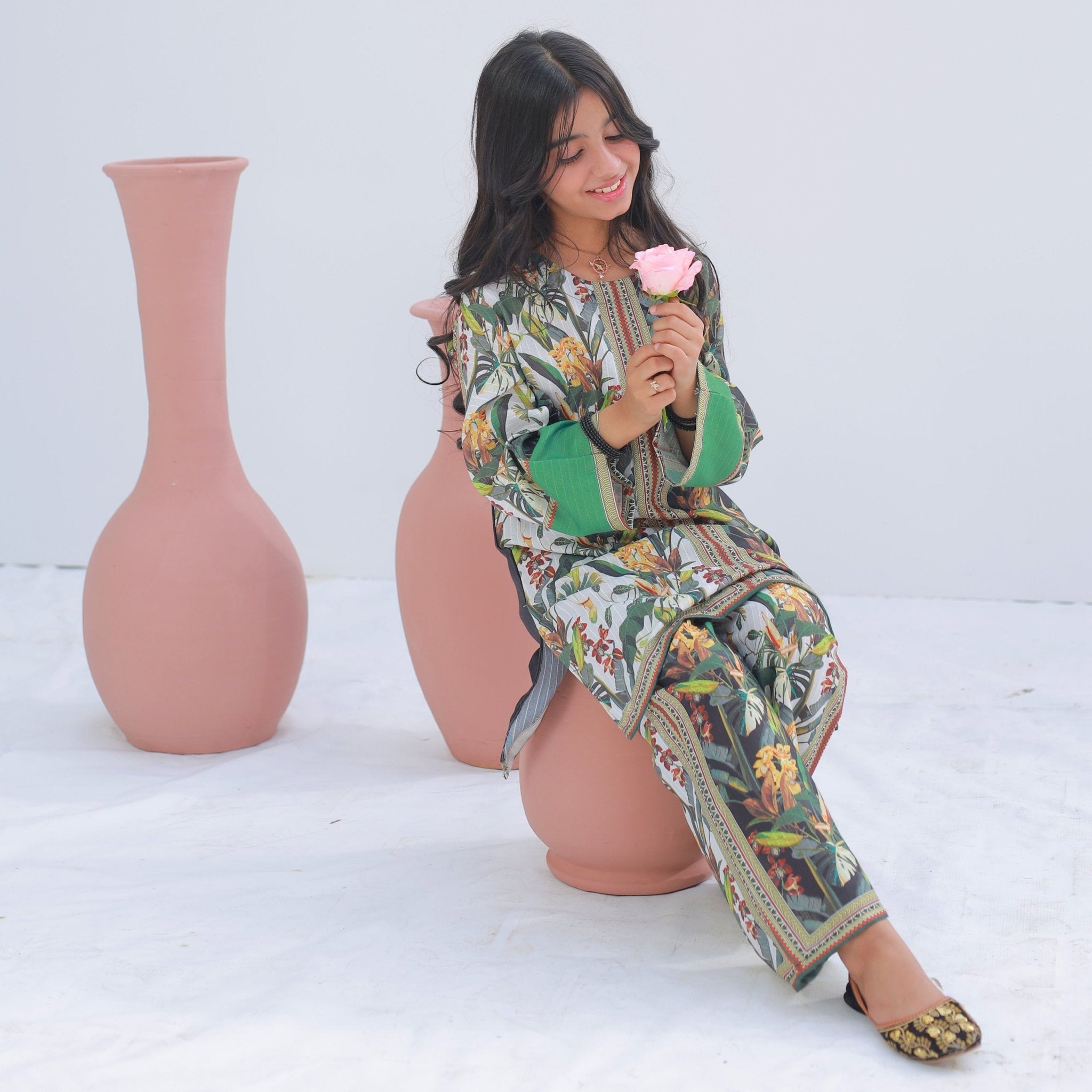White & Sage three-piece set by Zardham, three-quarter angle on young model