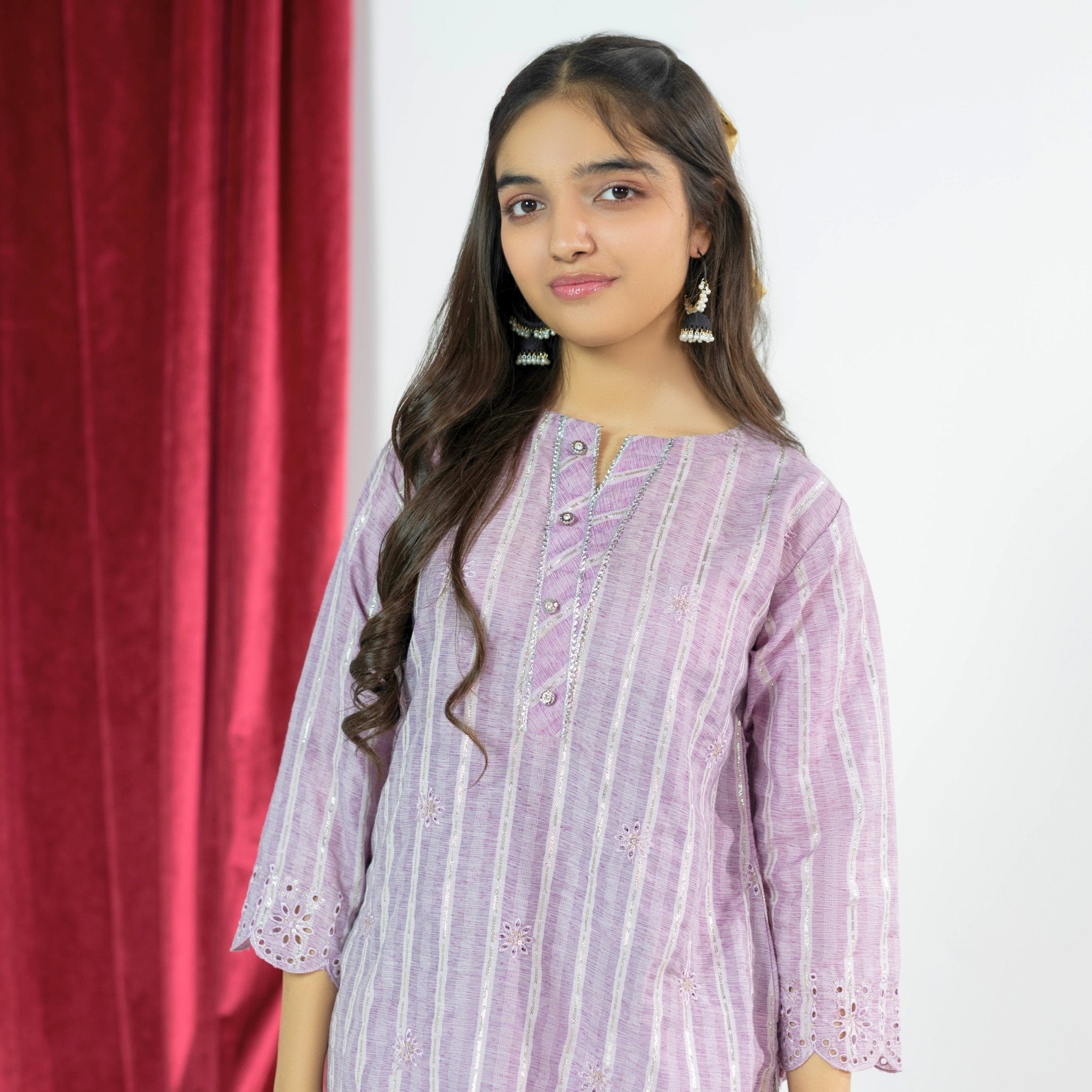 Soft Lilac girls' ethnic set by Zardham, side view showing dupatta drape