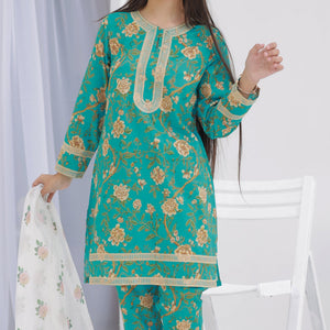 Detail of turquoise embroidery on the Ferozi Mist kurta bodice, Zardham girls' wear