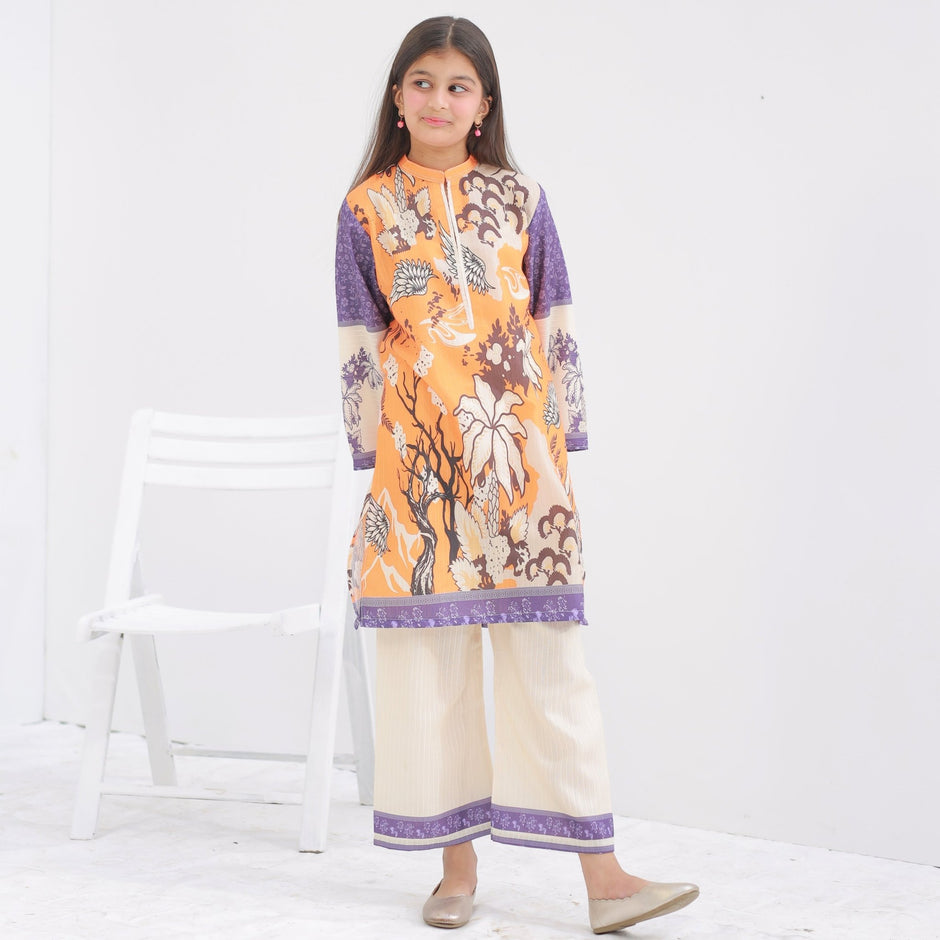 Girl wearing Zardham Soft Orange embroidered kurta and trouser set, full front view