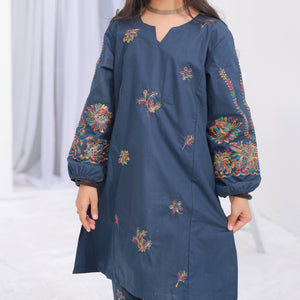 Zardham Slate Grey kurta set styled with dupatta, standing pose