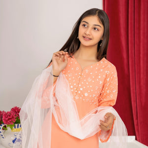 Blush Coral girls' ethnic set by Zardham, side view showing dupatta drape