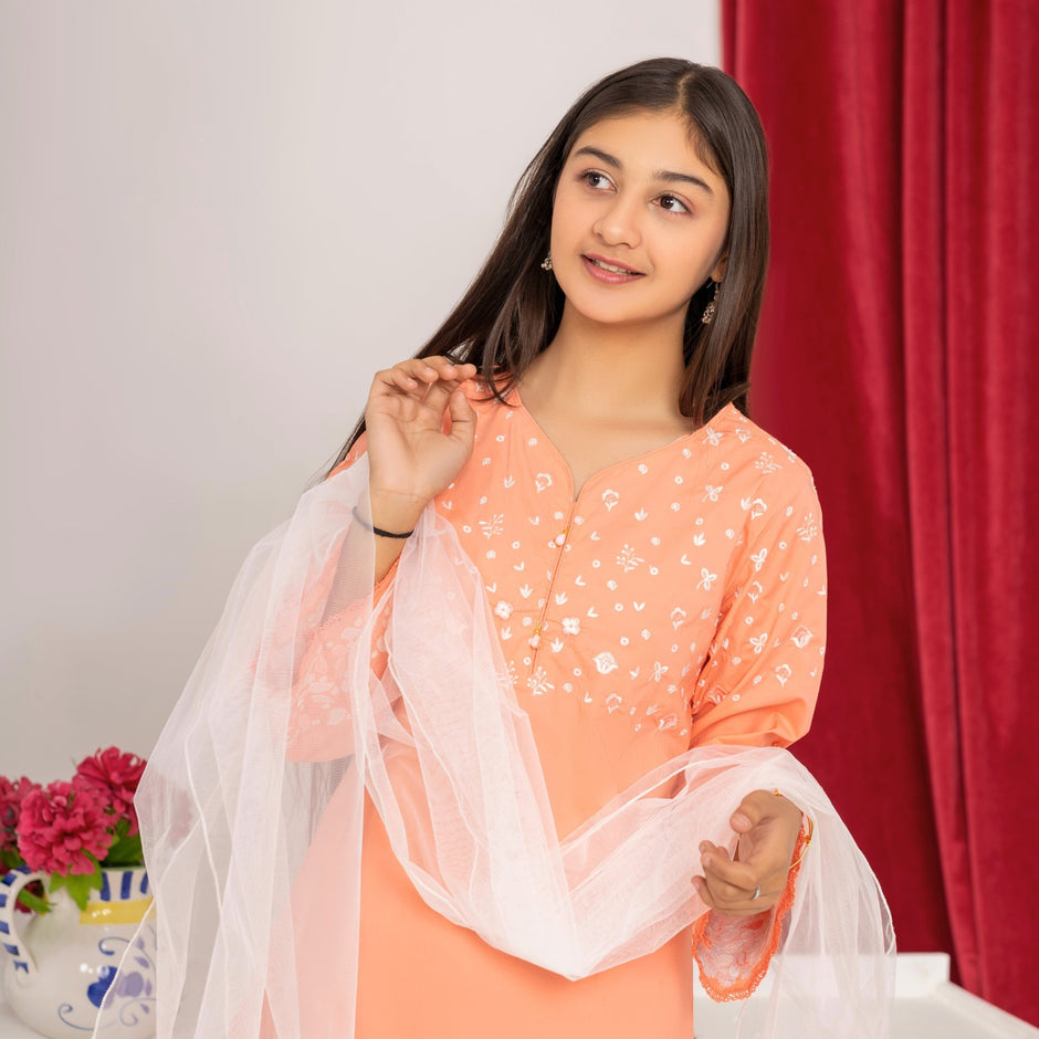Blush Coral girls' ethnic set by Zardham, side view showing dupatta drape