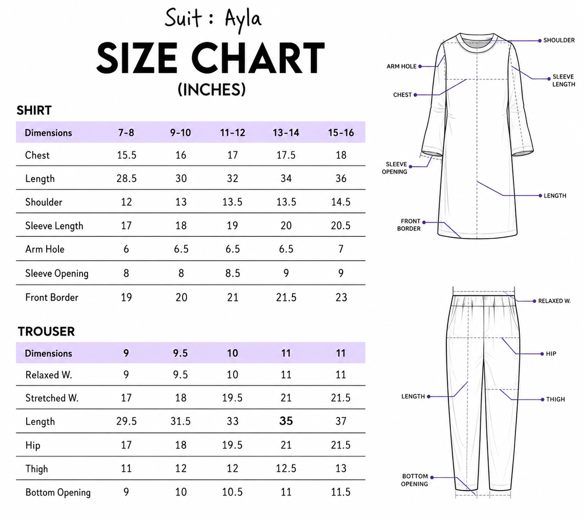 Size Chart for AYLA