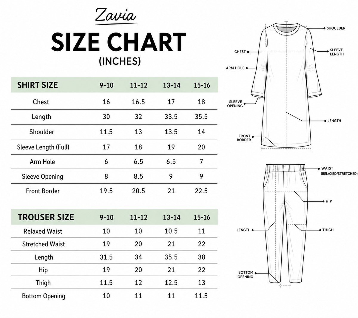 Size Chart for Zavia