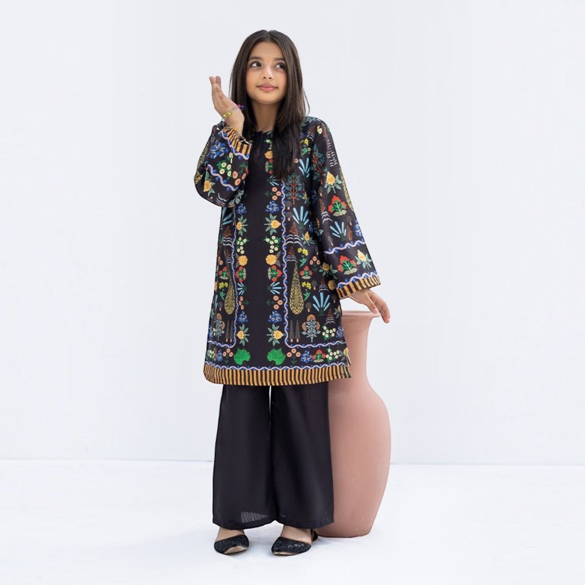 Zardham Classic Black kurta set showing full-length print placement, standing pose