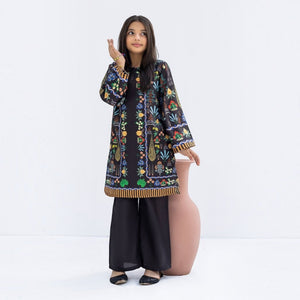 Zardham Classic Black kurta set showing full-length print placement, standing pose