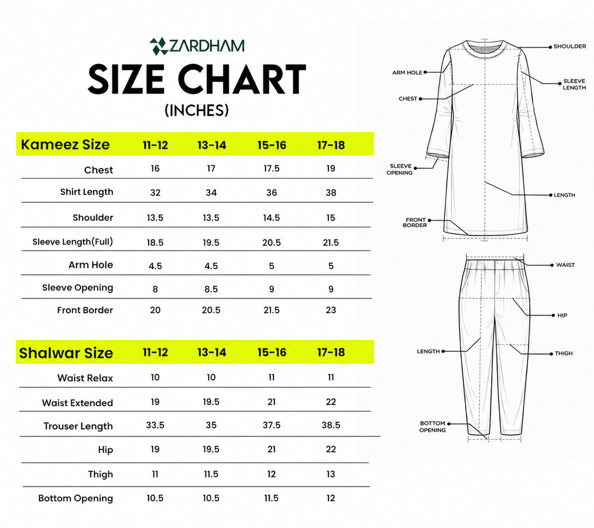 Size Chart for Celeste Marigold