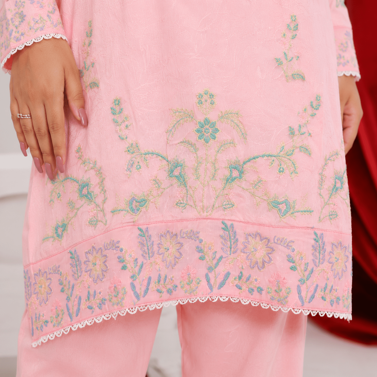 Rose Quartz kurta set by Zardham styled with dupatta, studio shot