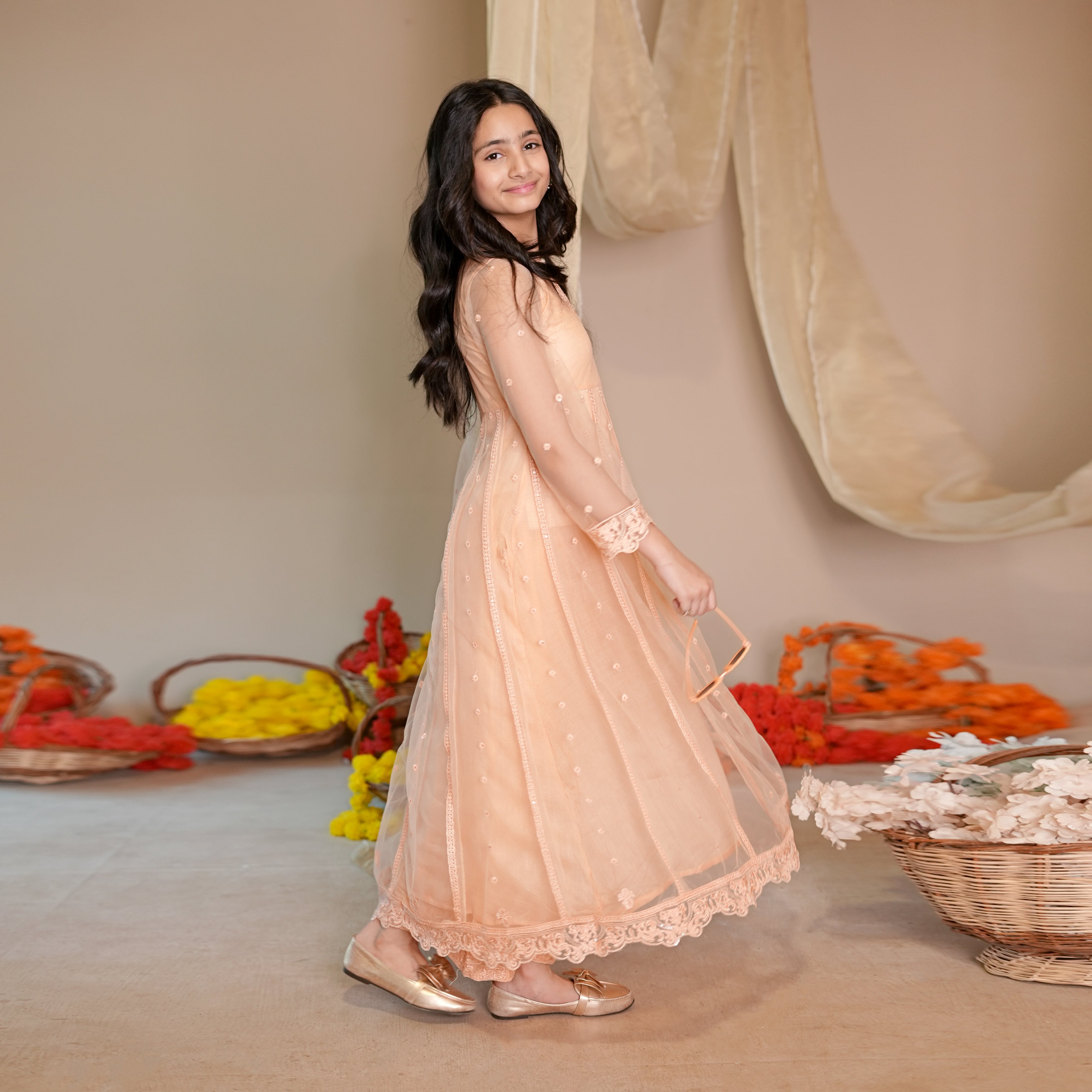 Rania – Peach Embroidered Net Maxi