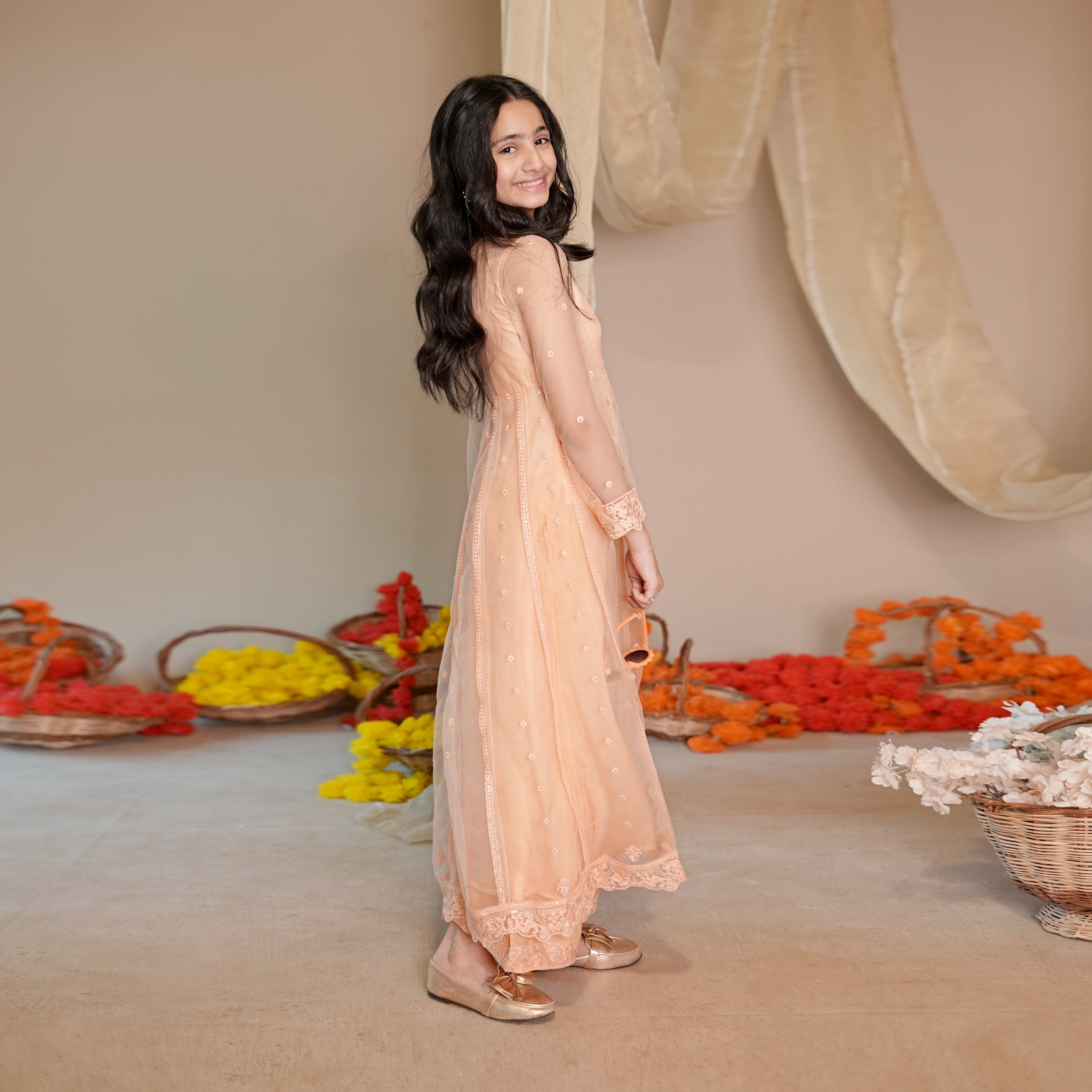 Rania – Peach Embroidered Net Maxi