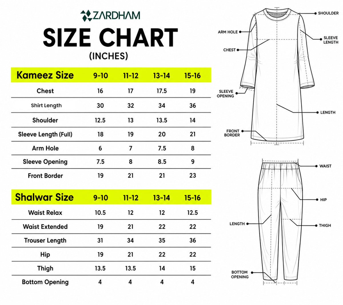 Size Chart for Coral Oasis set
