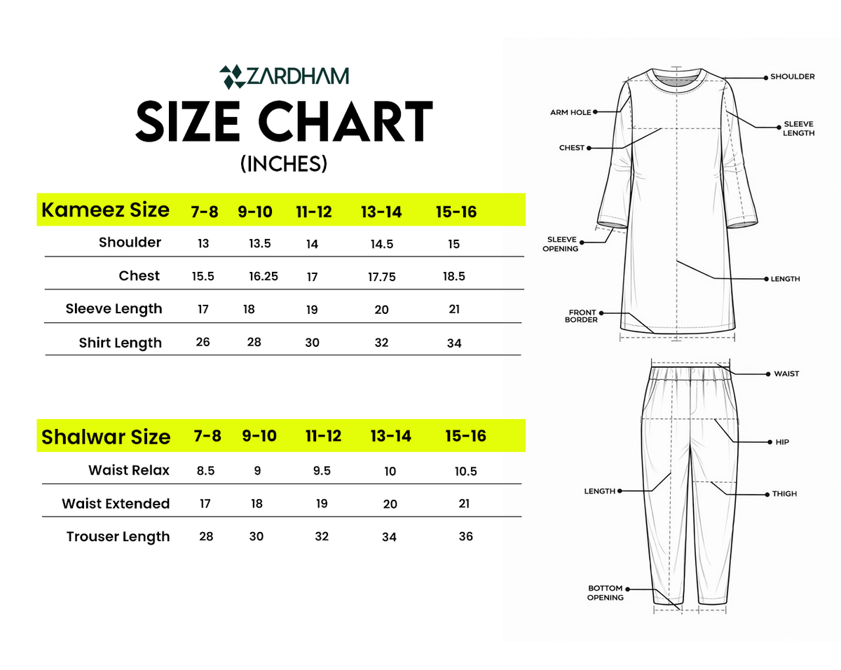 Size Chart for Fresh Ivory & Green