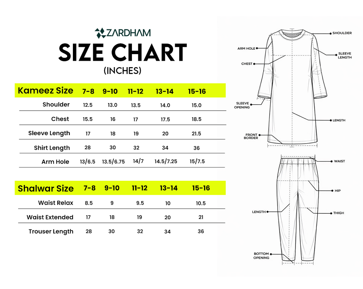 Size Chart for MEHRAAB