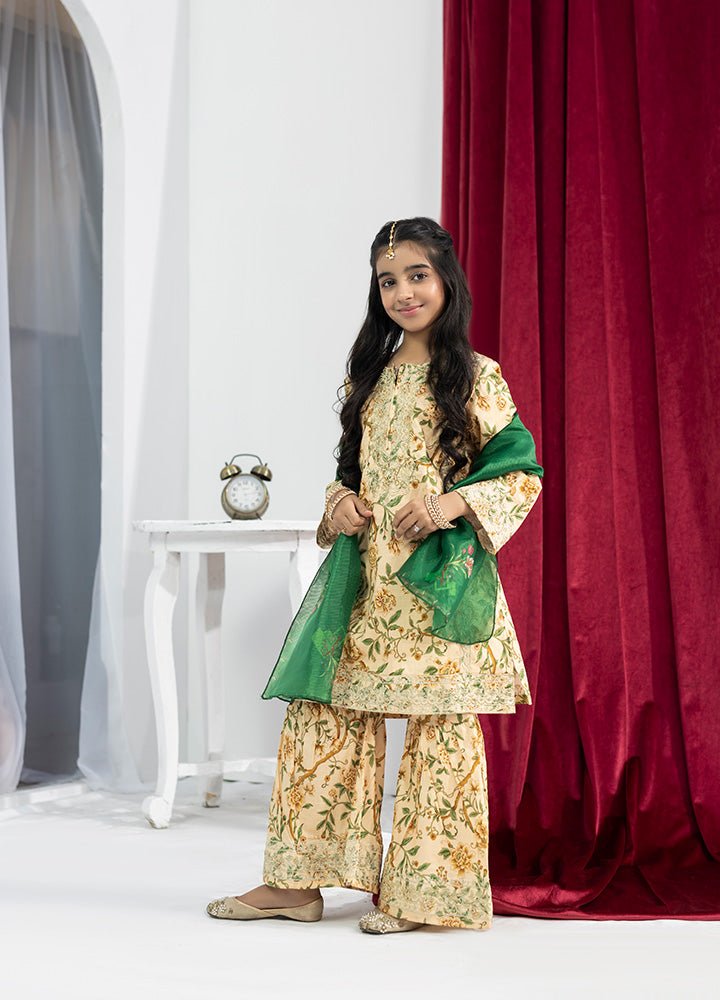 Girl wearing Zardham Timeless Off-White embroidered kurta with matching trousers, full front view