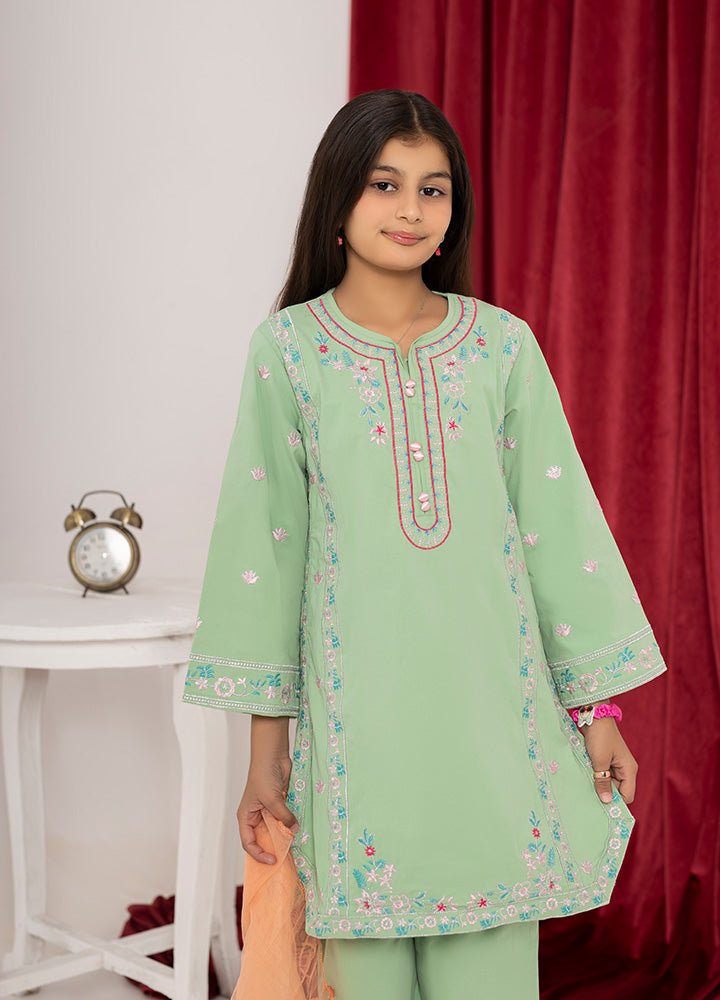 Close view of pista green thread embroidery on the kurta bodice, Zardham girls' wear