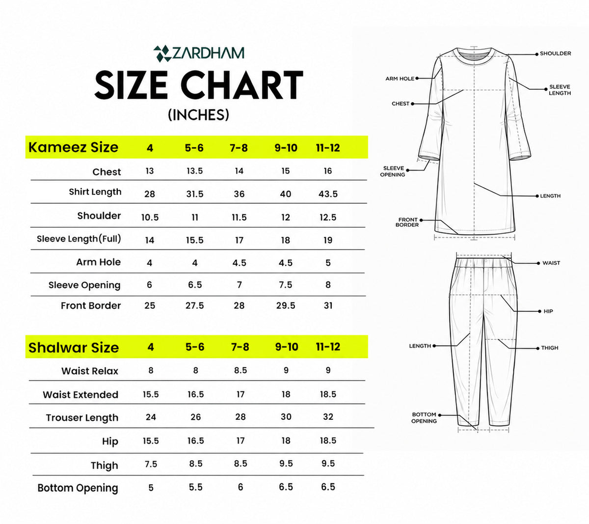 Size Chart for Roseline heritage