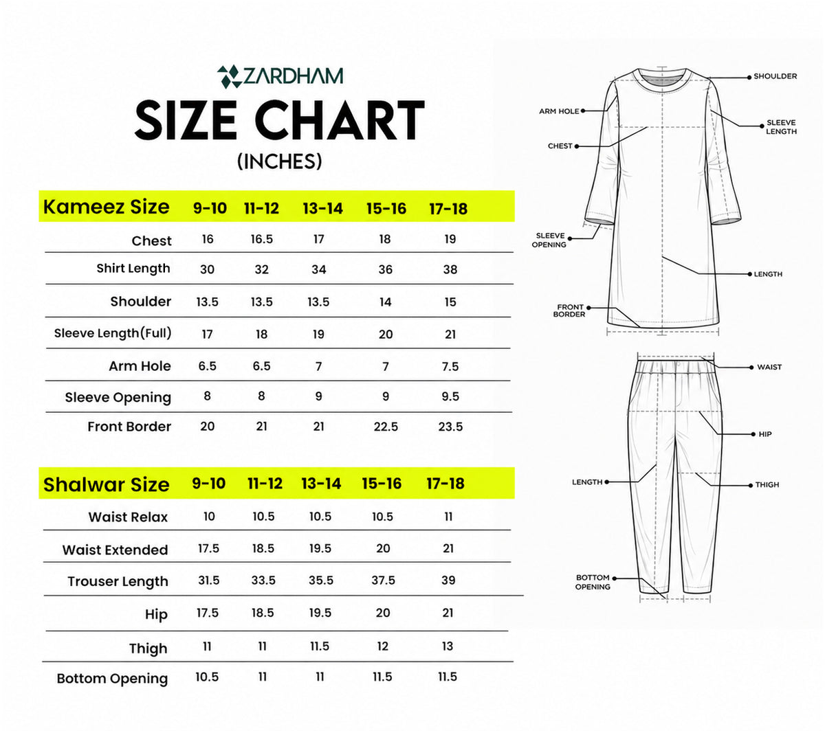 Size Chart for Sandstone Serenade